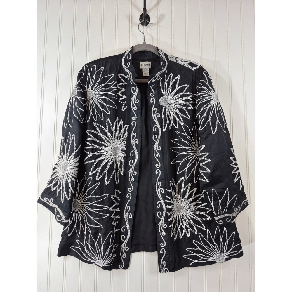 Chicos Black 100% Silk Embroidered Floral Open Front Jacket Size 12 Large